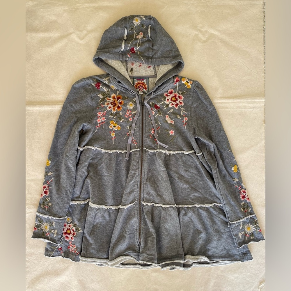 Johnny Was Acacia Tiered Embroidered Floral Gray Hooded Zip Front Jacket Small
